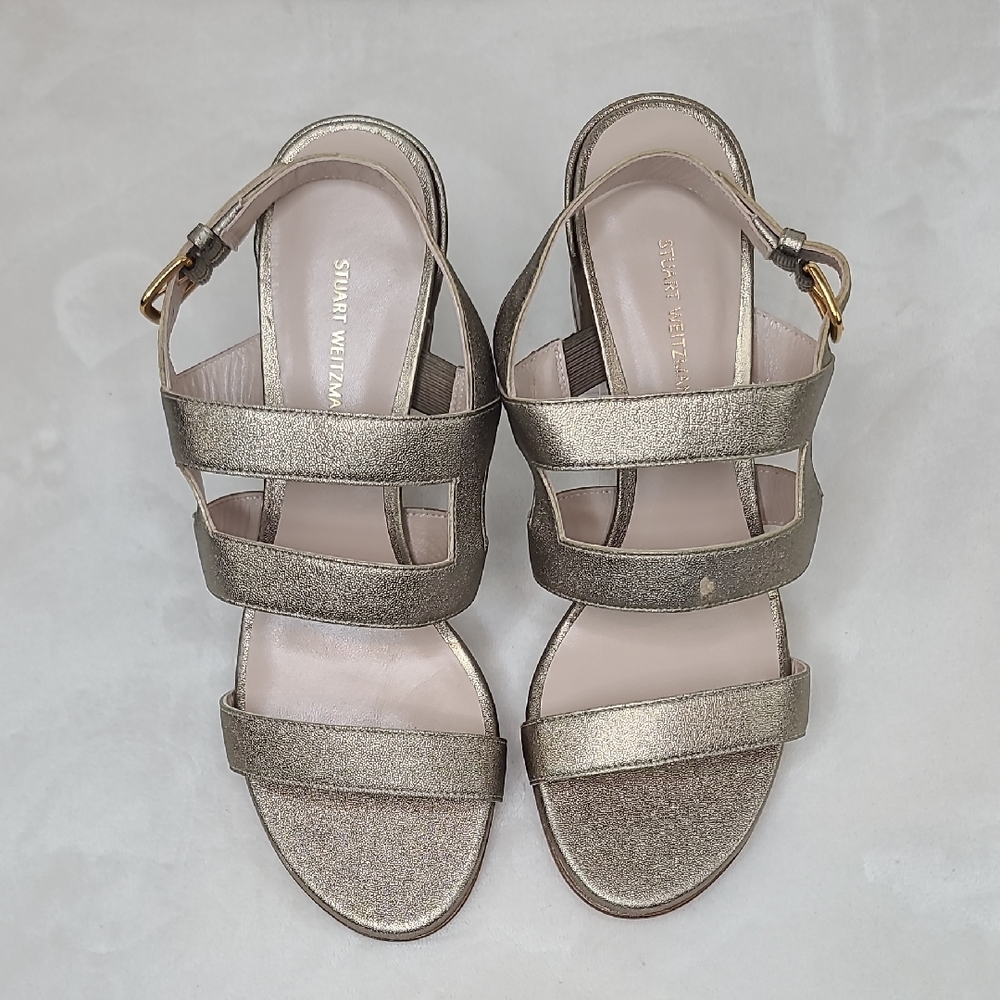 Stuart Weitzman Barrio Gold Shimmer Metallic Leather Strappy Slingback Sandals